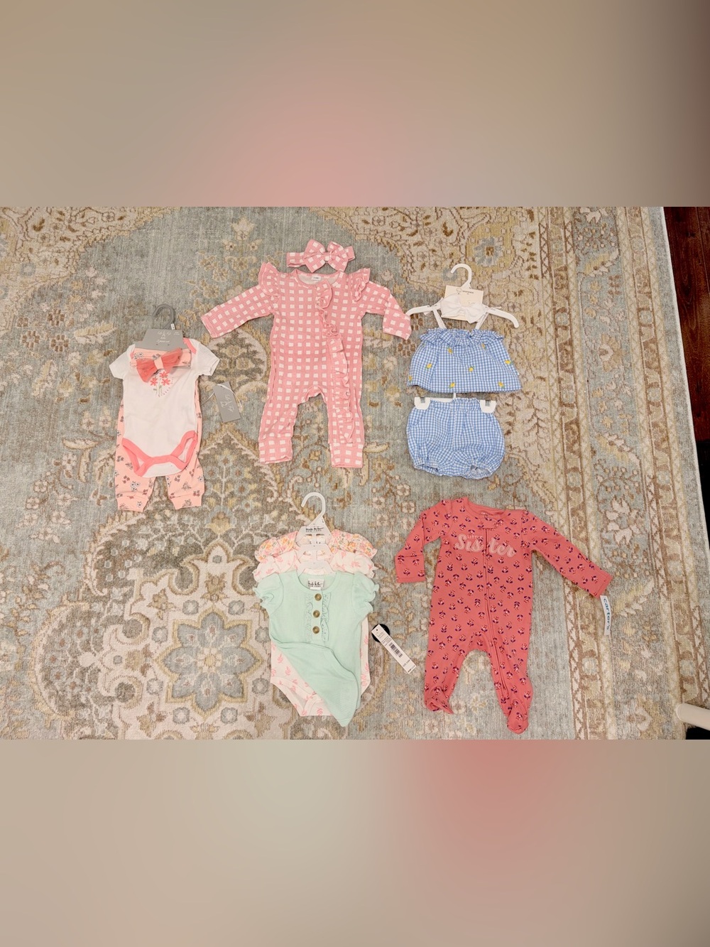 NWT - baby girls lot / bundle - Pink Gingham Baby Ruffle Romper with Headband